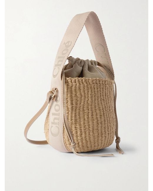Chloé Natural Woody Small Leather-Trimmed Raffia Basket Bag