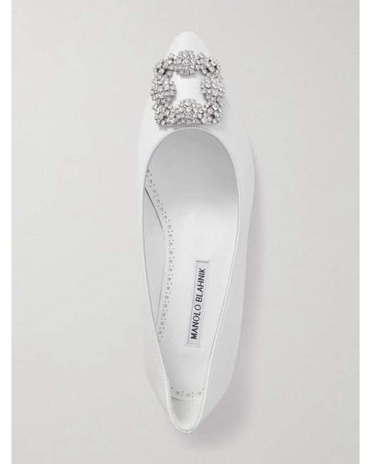 Manolo Blahnik Natural Hangisi 10 Crystal-Embellished Leather Point-Toe Flats