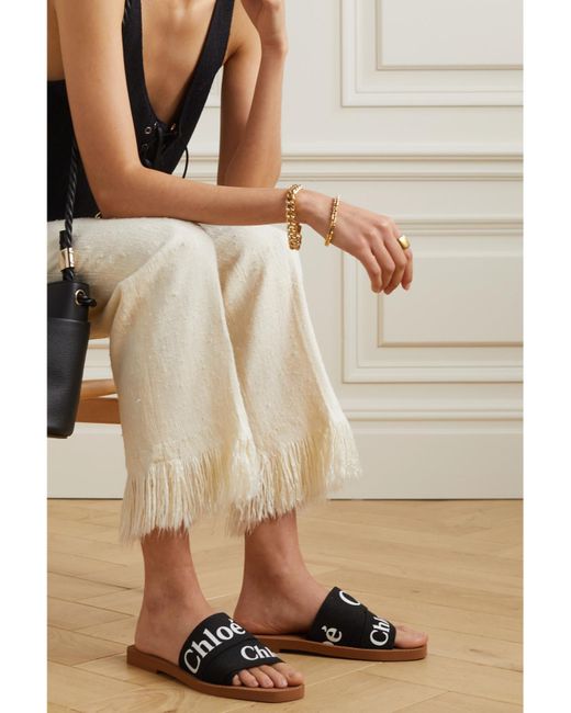 Chloé Black Woody Logo-Print Canvas Slides
