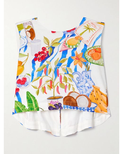 Haut Raccourci Dos Ouvert En Lin Mélangé Imprimé Farm Rio en coloris Blue