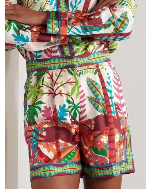 Emporio Sirenuse White Louis Barthélemy Pleated Printed Silk-Twill Shorts