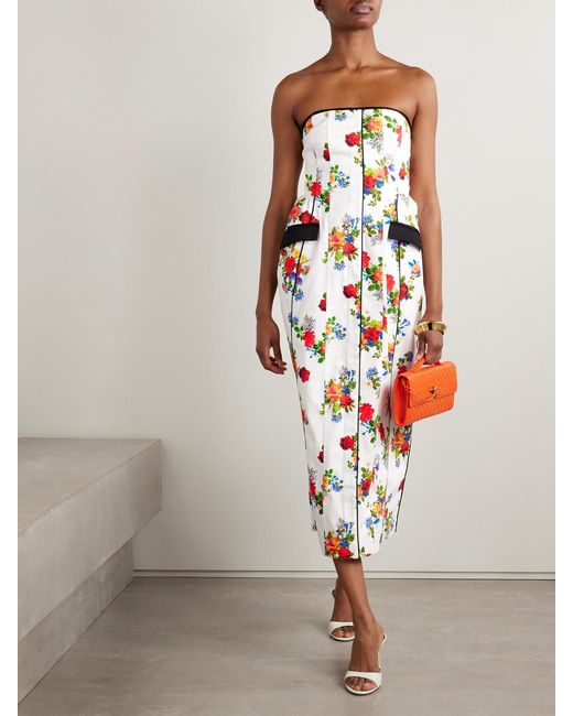 Kika Vargas White Maryan Strapless Floral-Print Cotton-Blend Poplin Midi Dress