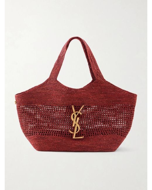 Saint Laurent Red Icare Maxi Leather-Trimmed Raffia Tote