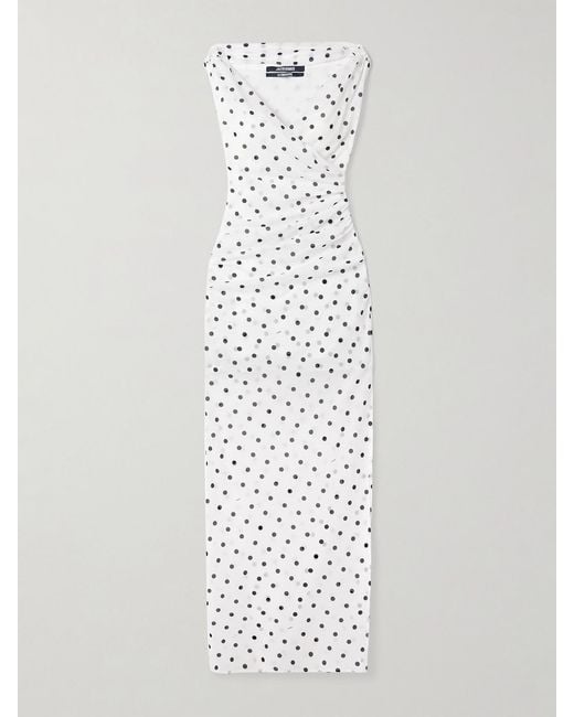 Jacquemus White Rita Draped Gathered Polka-Dot Crepe De Chine Maxi Dress