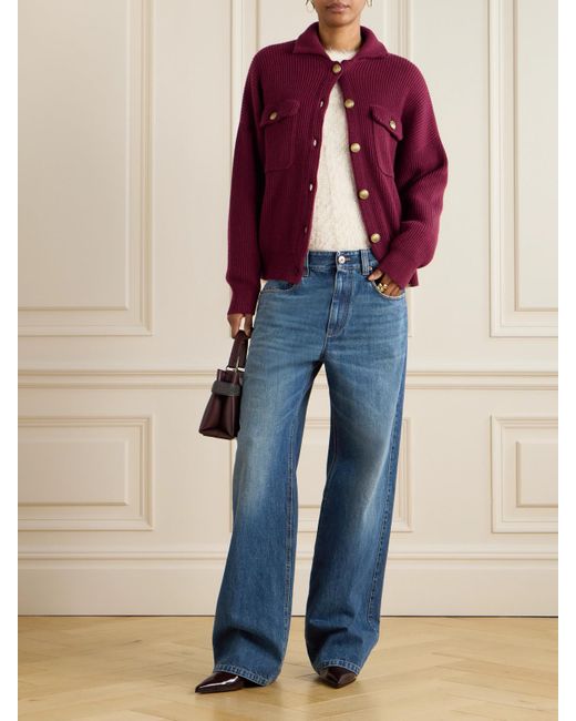 Brunello Cucinelli Purple Cardigan Aus Einer Gerippten Mischung Aus Wolle, Kaschmir Und Seide