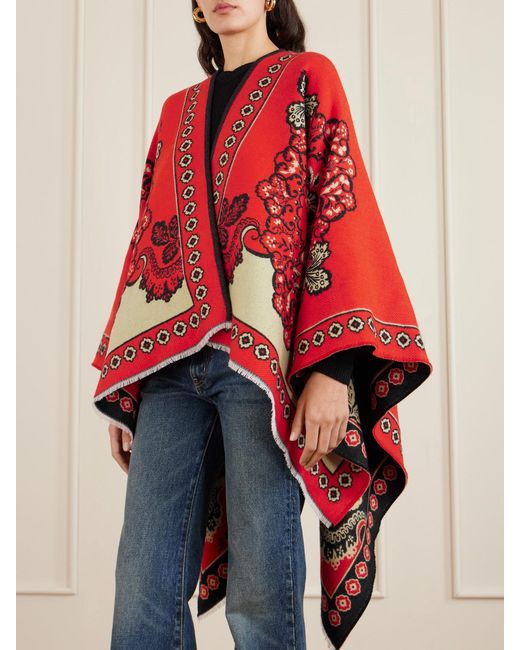 LaDoubleJ Red Soul Frayed Wool And Silk-Blend Jacquard Poncho