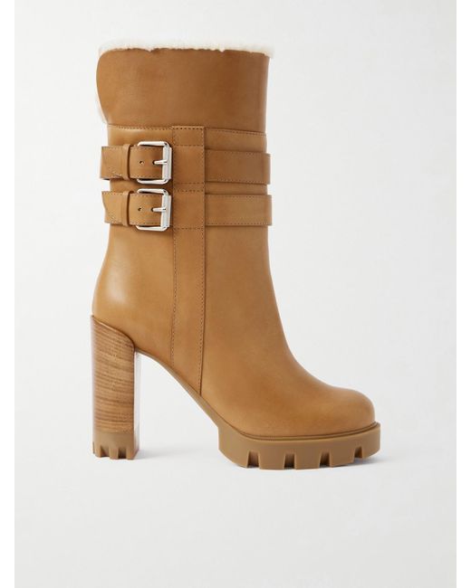 Christian Louboutin Brown Elisawalk 100 Lederstiefel Mit Shearling-Futter Und Schnallen