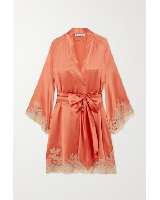 Carine Gilson Lace-trimmed Silk-satin Robe in Orange | Lyst Canada