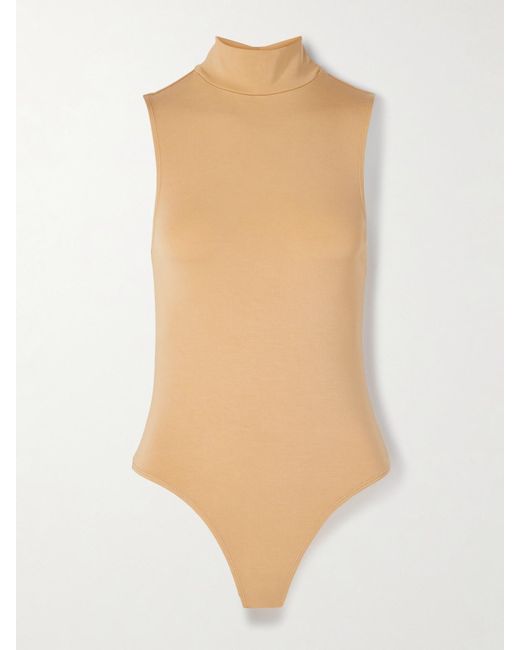 The Park White Joyce Stretch-Tencel Lyocell Jersey Turtleneck Thong Bodysuit