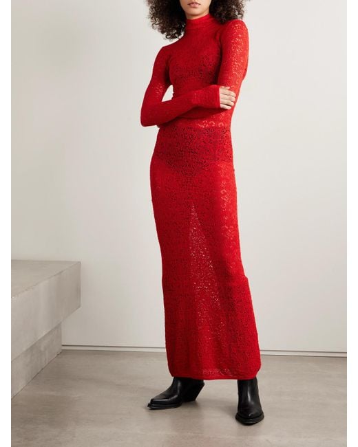 Gabriela Hearst Red Lethe Maxikleid Aus Einer Gehäkelten Woll-Seidenmischung Mit Stehkragen