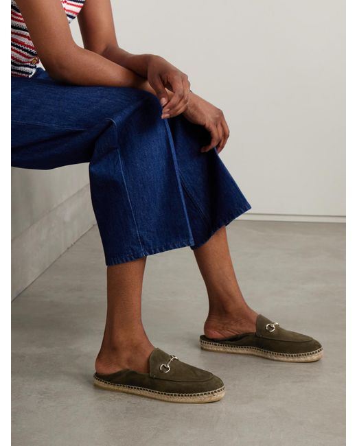 Gucci Green Cleo Collapsible-Heel Horsebit-Detailed Suede Espadrilles