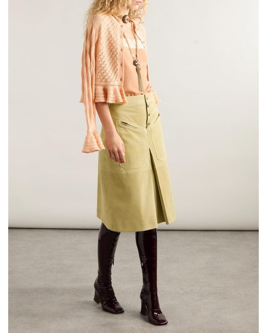 Chloé Yellow Pleated Paneled Suede Midi Skirt