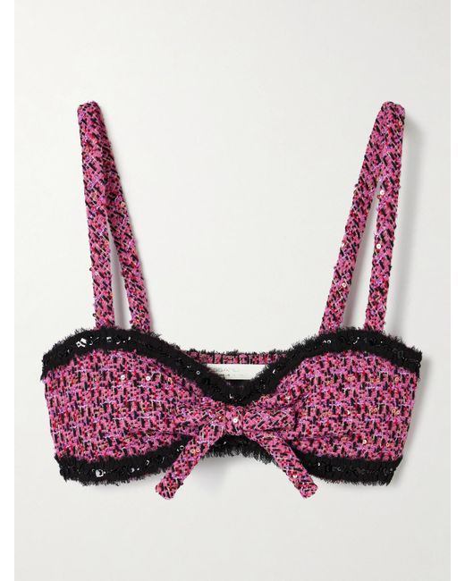 Alessandra Rich Pink Embellished Frayed Chiffon-Trimmed Metallic Tweed Bralette