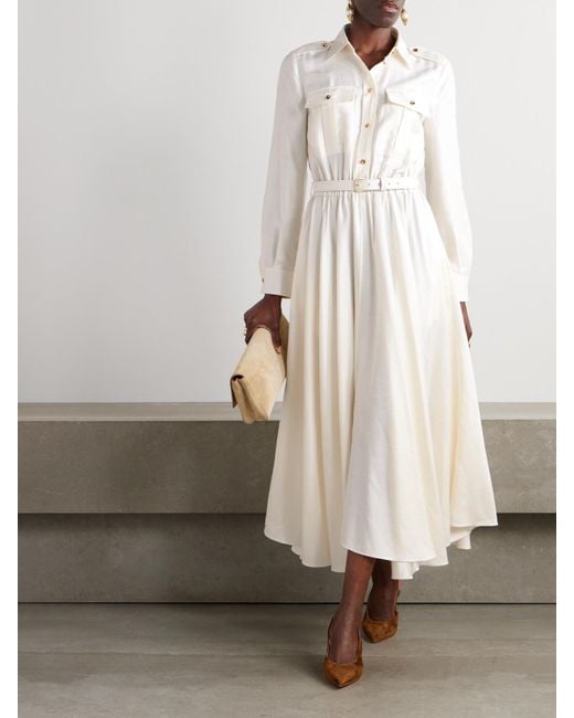 Loro Piana Natural Lela Belted Leather-Trimmed Silk-Shantung Midi Shirt Dress