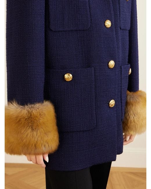 Valentino Garavani Blue Plush-Trimmed Wool Coat