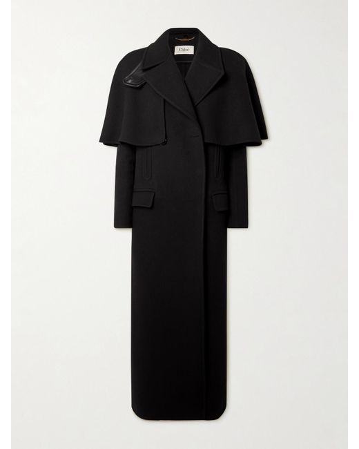 Chloé Black Cape-Effect Double-Breasted Leather-Trimmed Wool Coat
