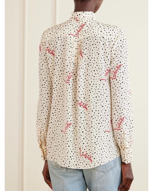 Valentino Garavani White Pussy-Bow Polka-Dot Silk Crepe De Chine Blouse