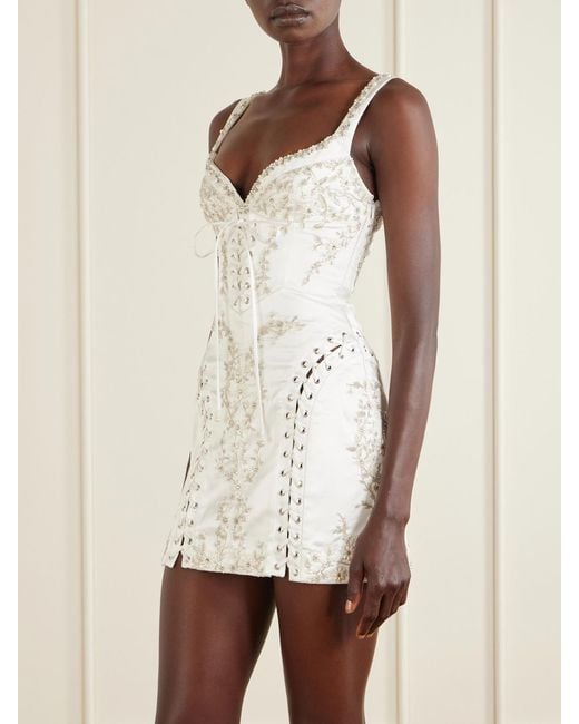 Clio Peppiatt White Bridal Brigette Embellished Lace-Up Satin Mini Dress