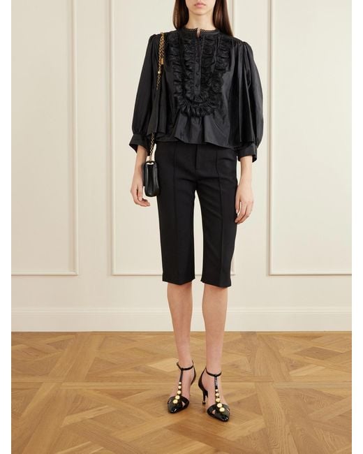 Chloé Black Ruffled Broderie Anglaise-Trimmed Taffeta Blouse