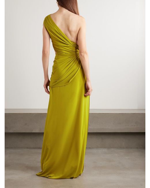Alex Perry Yellow One-Shoulder Cutout Draped Gathered Stretch Recycled Crepe-Jersey Gown
