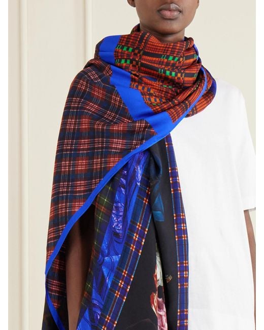 Dries Van Noten Blue Flara Printed Checked Twill Scarf