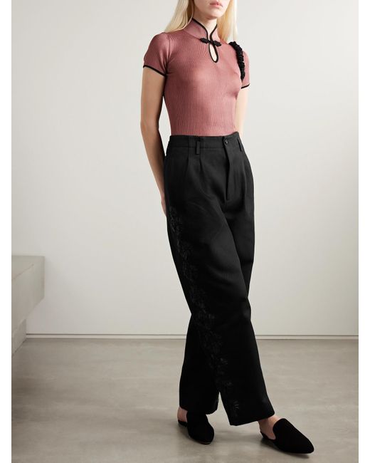 Bode Black Ribbon Garland Satin-Trimmed Pleated Cotton-Twill Wide-Leg Pants