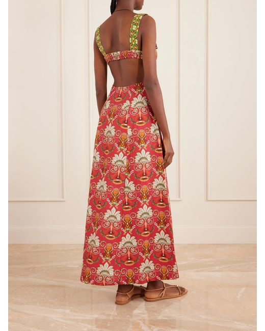 Emporio Sirenuse Red Azzurra Open-Back Floral-Print Linen And Cotton-Blend Midi Dress
