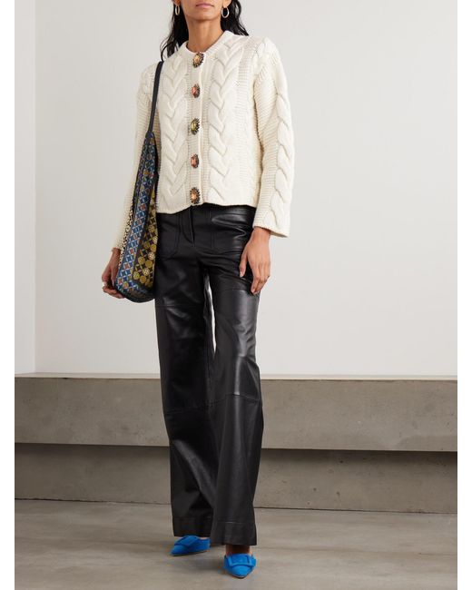LaDoubleJ Natural Icon Portrait Crystal-Embellished Cable-Knit Wool-Blend Cardigan