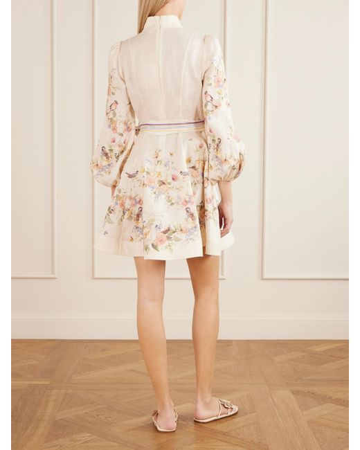 Zimmermann Natural Valiant Floral-Print Belted Linen Mini Dress