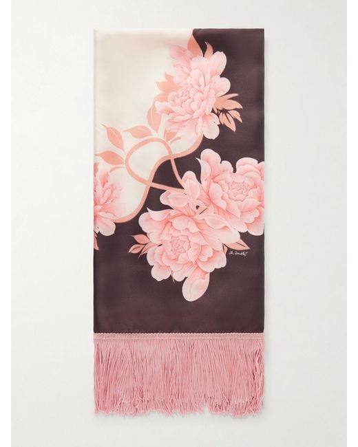 LaDoubleJ Pink Fringed Floral-Print Silk-Twill Scarf