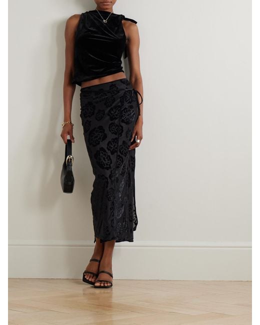 Sir Black Ettore Asymmetric Tie-Detailed Draped Stretch-Velvet Top