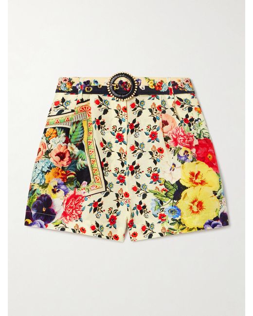 Camilla Multicolor Shorts Aus Einer Bedruckten Leinen-Seidenmischung Mit Gürtel