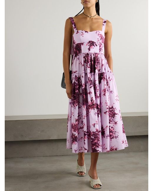 Erdem Pink Tiered Floral-Print Cotton Midi Dress