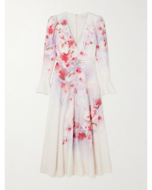 Zimmermann Pink Crush Midikleid Aus Leinen Mit Blumenprint Und Gürtel