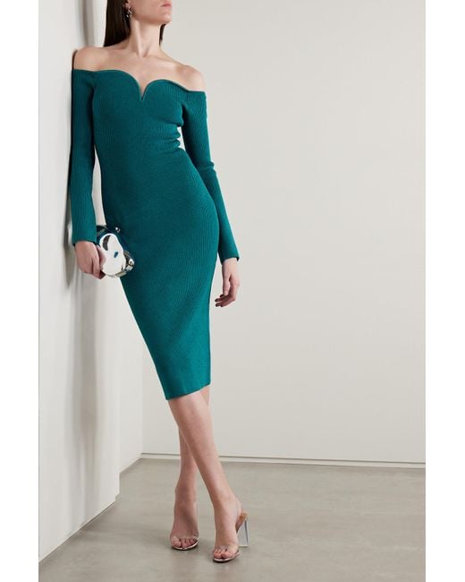 Galvan London Grace Off-the-shoulder Ribbed-knit Midi Dress in Green