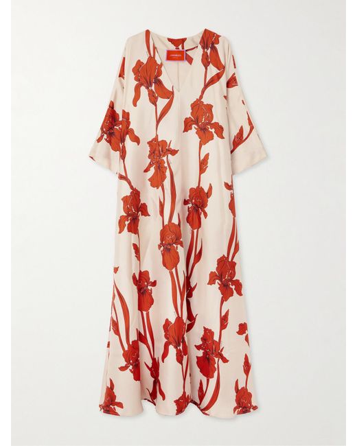 LaDoubleJ Red Muumuu Floral-Print Silk-Twill Maxi Dress