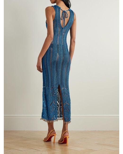 Rabanne Blue Bead-Embellished Metallic Open-Knit Midi Dress