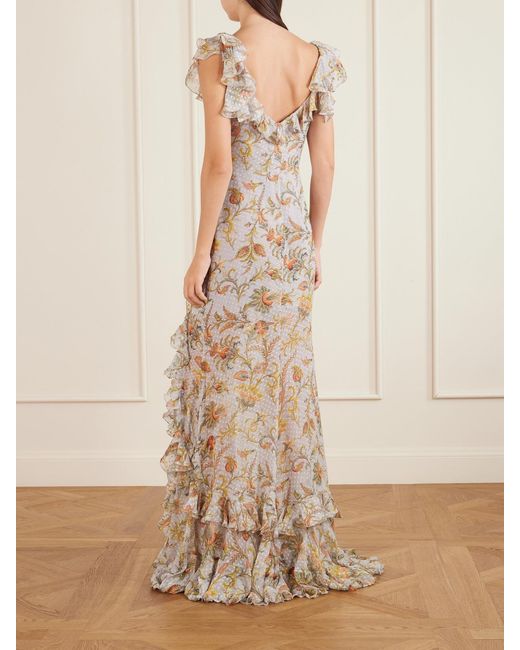 Etro Natural Ruffled Floral-Print Silk-Blend Midi Dress