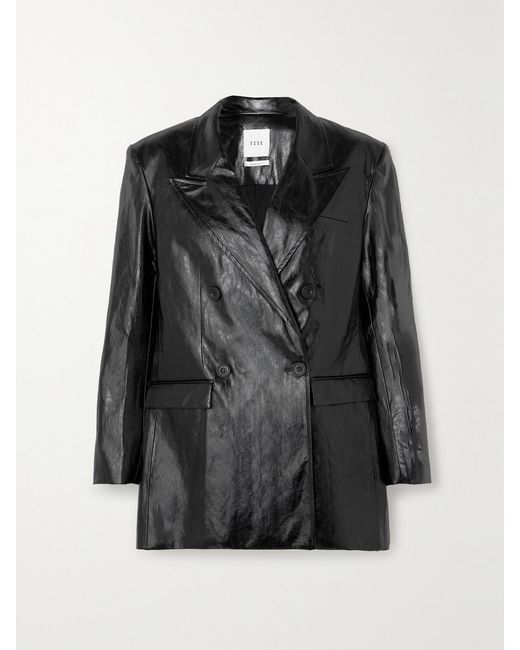 Esse Studios Black Milos Double-Breasted Crinkled Faux Leather Blazer