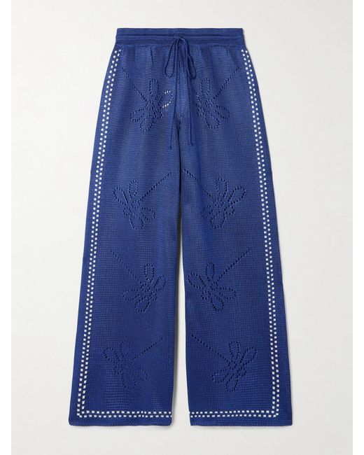 Calle Del Mar Blue Garden Party Pointelle-Knit Wide-Leg Pants