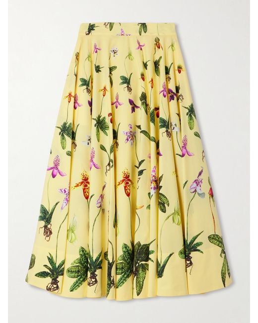 Oscar de la Renta Yellow Floral-Print Cotton-Blend Poplin Midi Skirt