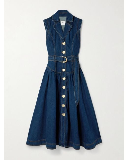 Robe Midi En Jean À Fronces Et À Ceinture Elena Aje. en coloris Blue