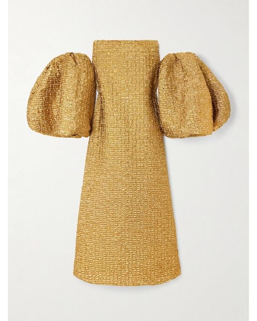 ‎Dima Ayad Yellow Off-The-Shoulder Metallic-Cloqué Gown