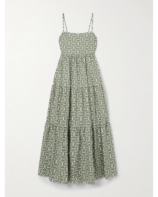 Matteau Green Tiered Floral-Print Organic Cotton Maxi Dress