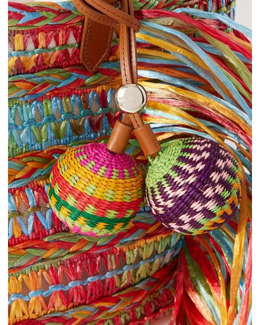 Aquazzura Multicolor Trancoso Fringed Embellished Leather-Trimmed Woven Raffia Tote