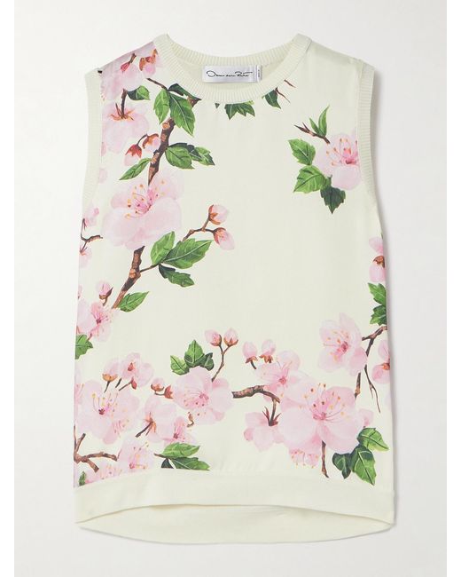 Oscar de la Renta Gray Paneled Knitted And Floral-Print Silk-Blend Twill Tank