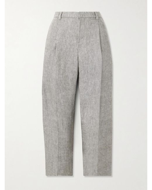 Brunello Cucinelli Gray Cropped Pleated Hemp And Linen-Blend Straight-Leg Pants