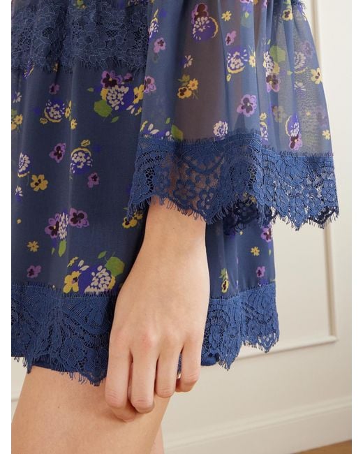 Anna Sui Blue Pleated Floral-Print Lace-Trimmed Chiffon Mini Dress