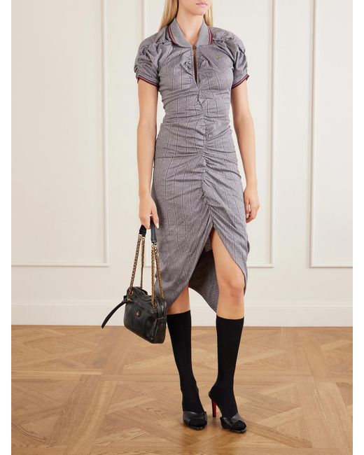 Vivienne Westwood Gray Logo-Embroidered Striped Gathered Cotton Jersey Midi Dress
