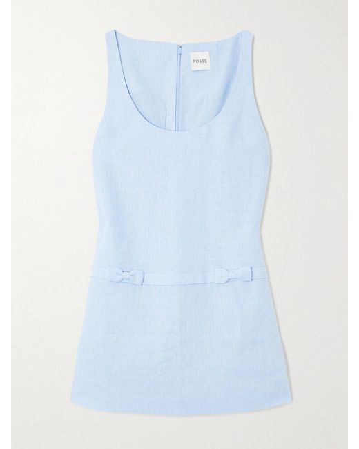 Posse Blue Harper Bow-Detailed Linen Mini Dress